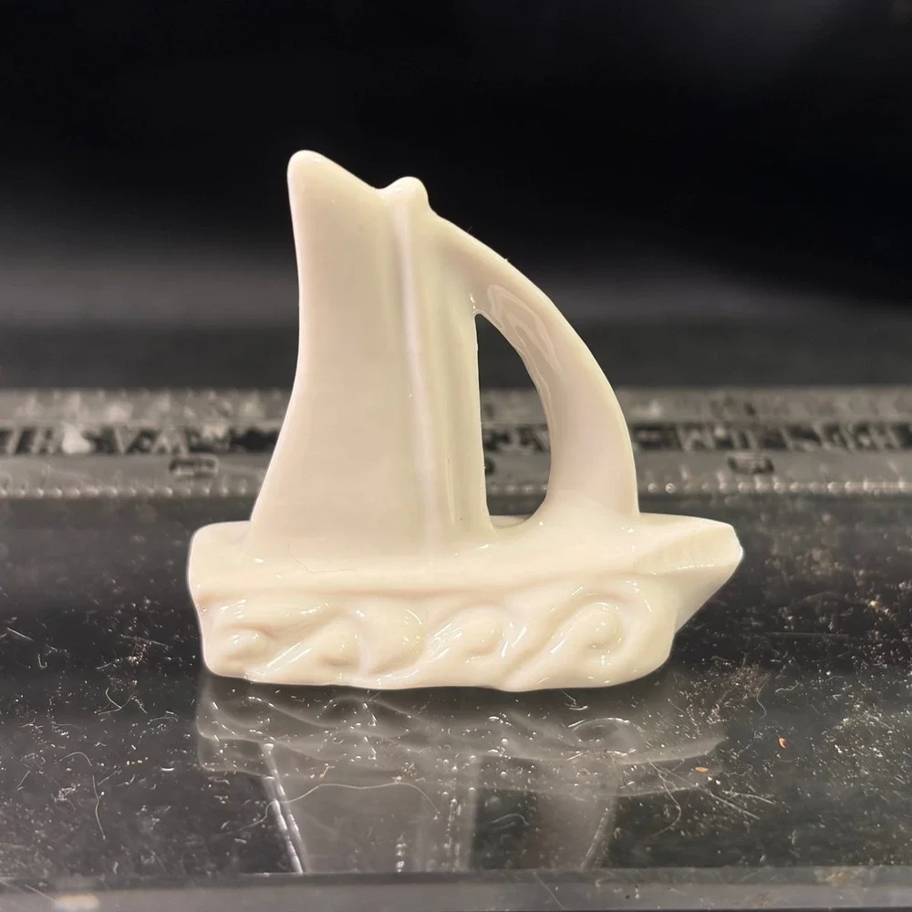 Vintage White Ceramic Miniature Sailboat Figurine Glossy Glazed Nautical Decor